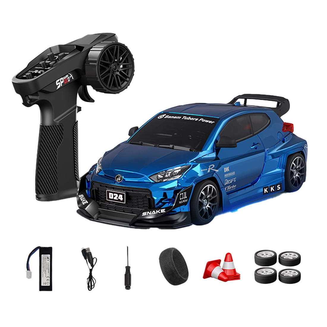 1:24 4WD RC Drift Car for Adults, D24 High Speed Remote Control Racing Car with Gyro, LED Lights, Dual Tire Modes, Full Proportional Steering RTR- ( Q1 Metallic Blue / D24-04 )