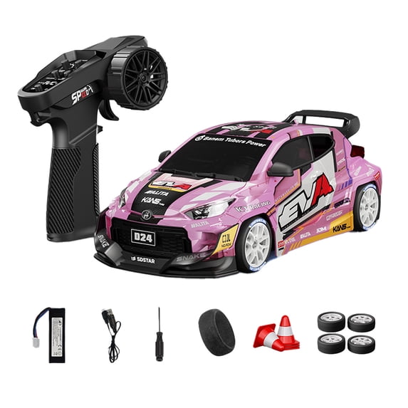 1:24 4WD RC Drift Car for Adults, D24 High Speed Remote Control Racing Car with Gyro, LED Lights, Dual Tire Modes, Full Proportional Steering RTR- ( S3 Pink Finish / D24-04 )