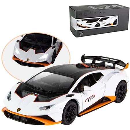 1:24 Alloy Diecast Car Model for Lamborghini Huracan STO 2022, Pull Back Vehicles Model Cars Toy for Kids 3 to 12 Years Old Gift Adult Collection Car Model with Light & Sound (White)