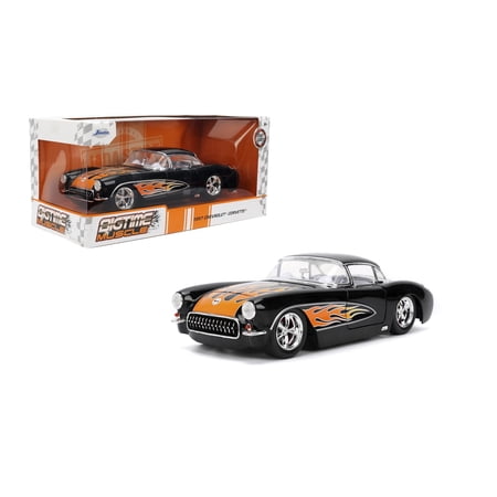 Jada Toys BIGTIME MUSCLE 1:24 1957 Chevy Corvette Die-cast Car – Opening Doors, Hood, Trunk, Rubber Tires(Glossy Black Flames)