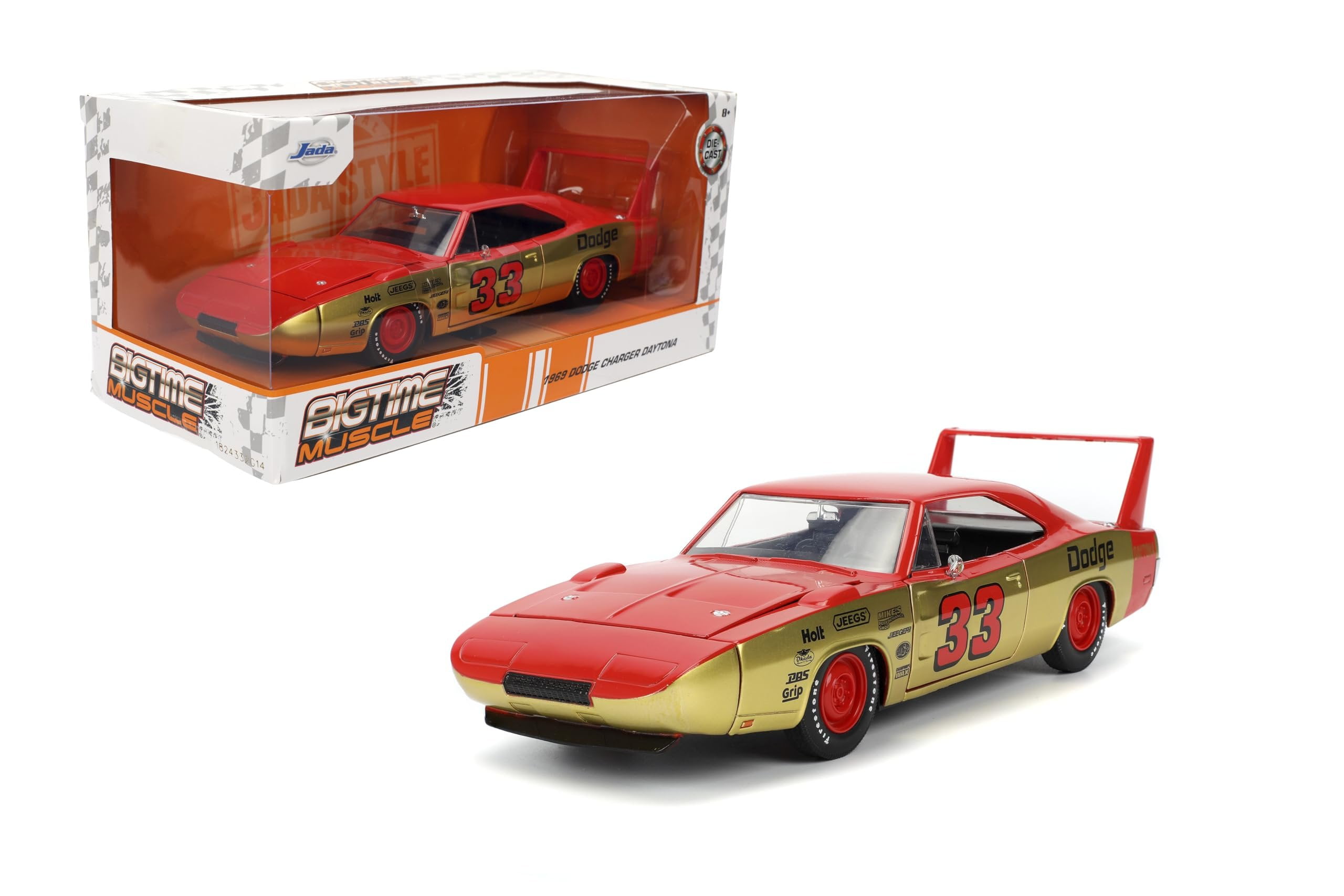 Jada Toys BIGTIME MUSCLE 1:24 1969 Dodge Charger Die-cast Car Opening Doors, Hood, Trunk, Rubber Tires(Red/Gold)