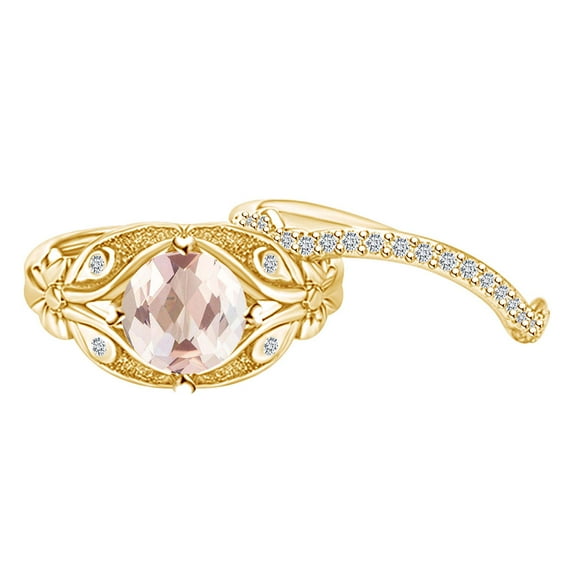 AFFY 1.24 Carat Round Simulated Morganite & Natural Diamond Flower Engagement Ring Set 14K Solid Yellow Gold Ring Size-8
