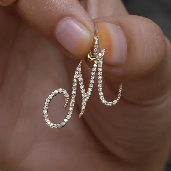 1.24 Ct Lab Created Diamond "M" Initial Letter Pendant 14K Yellow Gold Plated