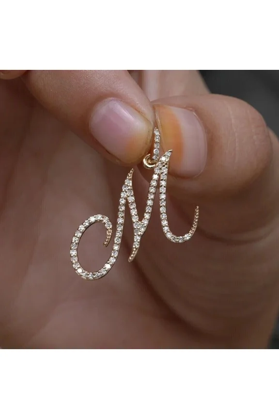 1.24 Ct Lab Created Diamond "M" Initial Letter Pendant 14K Yellow Gold Plated