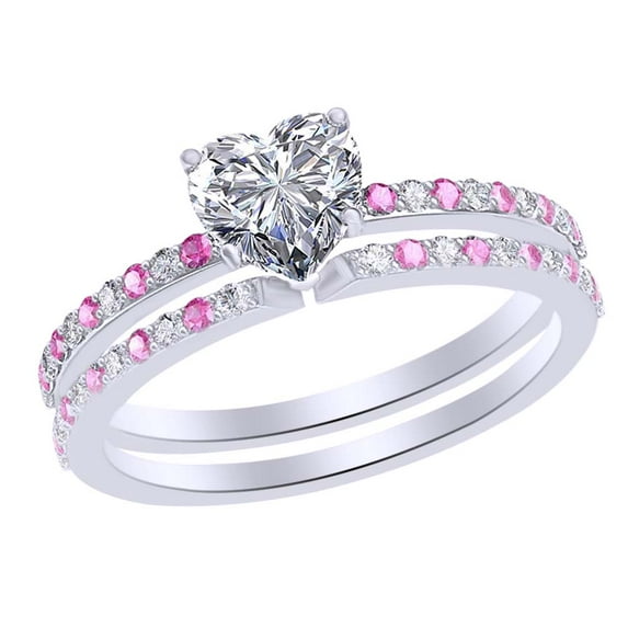 AFFY 1.24 Ct Simulated Pink Tourmaline & White Natural Diamond Heart Wedding Band Ring Set in 14k White Gold Ring Size - 14