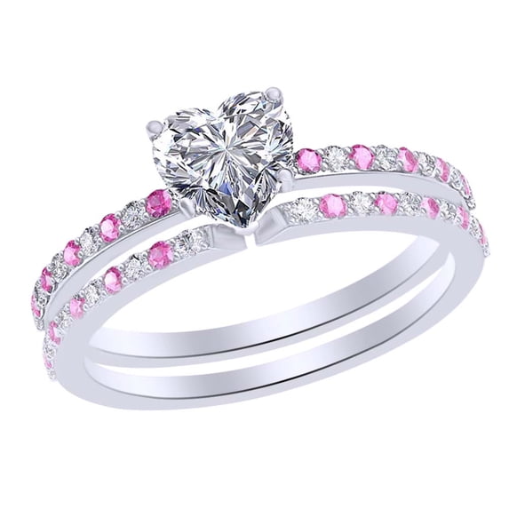 AFFY 1.24 Ct Simulated Pink Tourmaline & White Natural Diamond Heart Wedding Band Ring Set in 14k White Gold Ring Size - 7.5