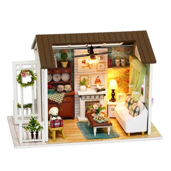 1:24 DIY Wooden Miniature Doll House Cozy Living Room with Dust- Cover Kits Handwork Project