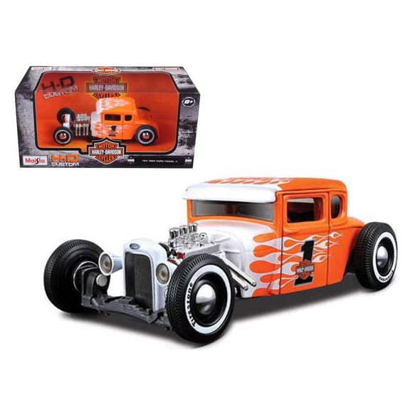 1/24 Diecast Model Car 1929 Ford Model A #1 "Harley Davidson" Orange with White Flames by Maisto