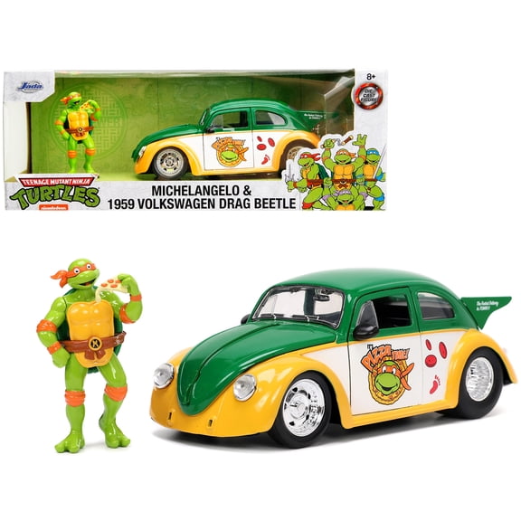 1/24 Diecast Model Car 1959 Volkswagen Drag Beetle Green and Yellow and Michelangelo Diecast Figure "Teenage Mutant Ninja Turtles" "Hollywood Rides" Series by Jada
