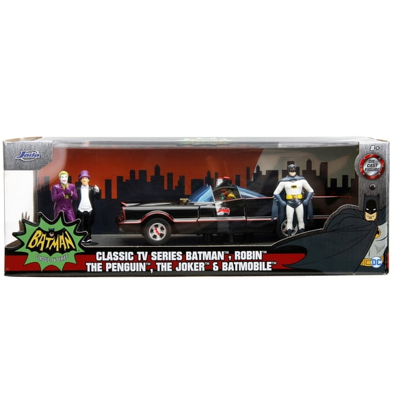 1/24 Diecast Model Car 1966 Classic Batmobile with Diecast Batman The Joker The Penguin and Plastic Robin Sitting Inside The Car "Batman" TV Series (1966) "Hollywood Rides" Series by Jada