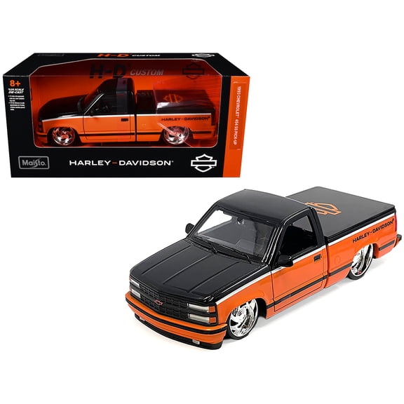 1/24 Diecast Model Car 1993 Chevrolet 454 SS Pickup Truck "Harley Davidson" Black and Orange "H-D Custom" Series by Maisto