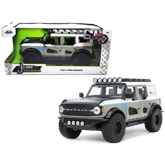 1/24 Diecast Model Car 2021 Ford Bronco Gray and White with Matt Black Hood with Roof Rack "M2 Motoring" "Just Trucks" Series by Jada