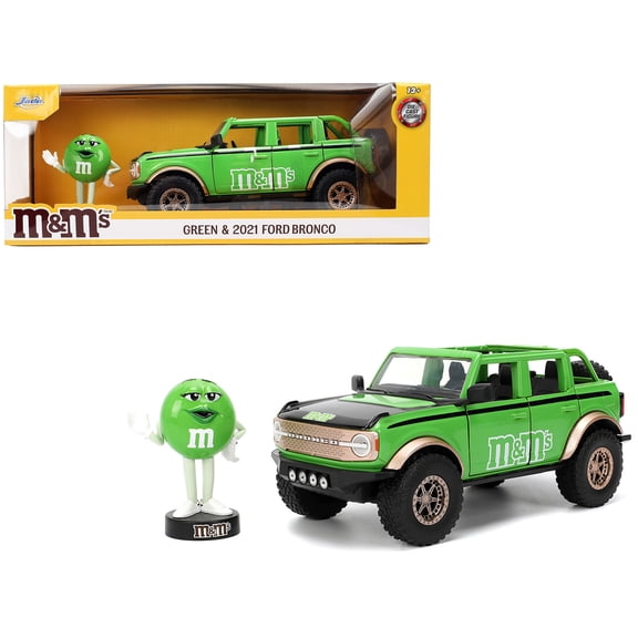 1/24 Diecast Model Car 2021 Ford Bronco Green with Black Stripes and Green M&M's Diecast Figure "Hollywood Rides" Series by Jada