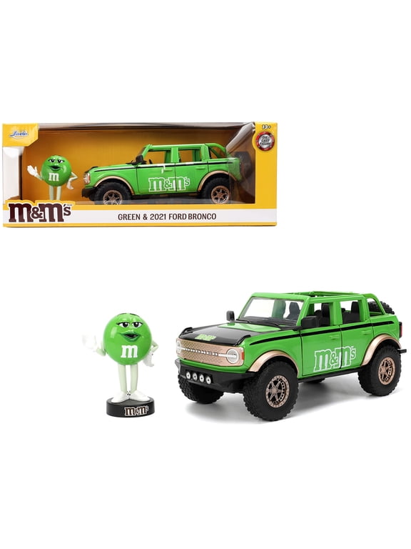 1/24 Diecast Model Car 2021 Ford Bronco Green with Black Stripes and Green M&M's Diecast Figure "Hollywood Rides" Series by Jada