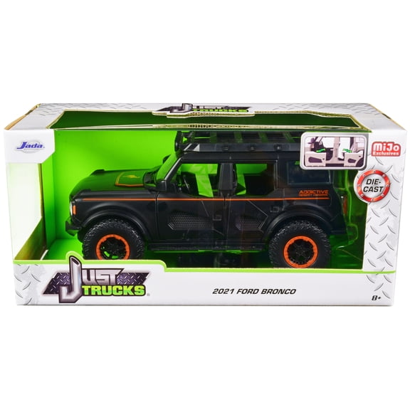 1/24 Diecast Model Car 2021 Ford Bronco Matt Black with Orange Stripes and Roof Rack "Addictive Desert Designs" "Just Trucks" Series by Jada