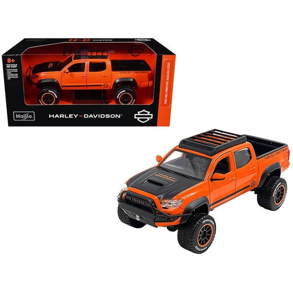 1/24 Diecast Model Car 2023 Toyota Tacoma TRD Pro Pickup Truck "Harley Davidson" Orange and Black with Roof Rack "H-D Custom" Series by Maisto