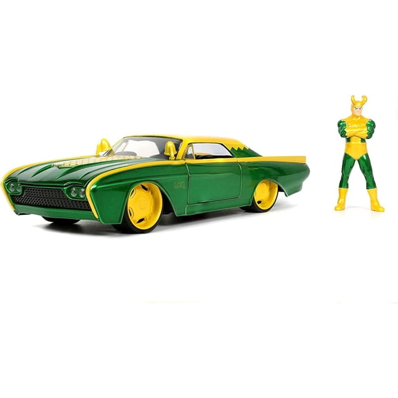1963 Ford Thunderbird Green and Yellow Metallic with Hood Graphics and Loki Diecast Figure "Loki" "Marvel" Series 1/24 Diecast Model Car by Jada