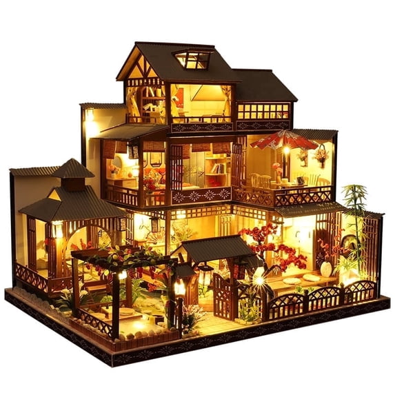 COSITTE 1:24 Japanese Courtyard DIY Wooden Dollhouse Kit with LED Lights & Furniture Decor, Miniature House Building Set for Crafts & Home Decor