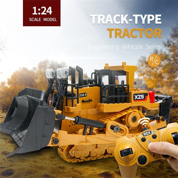 1:24 Metal Remote Control Bulldozer, 2.4G 9-Channel Engineering Vehicle, Heavy Duty Crawler Dozer Toy