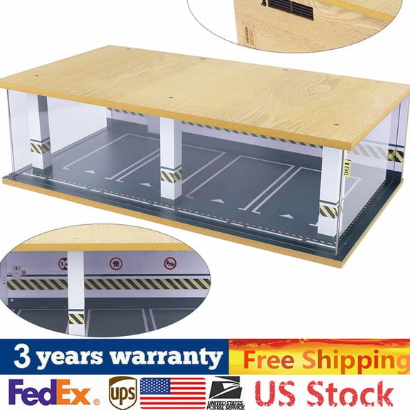 1:24 Parking Garage Model with LED Light, Acrylic Cover, 4 Parking Spaces, Display Case for Cars Model