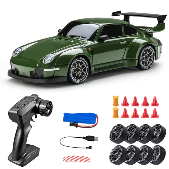 1:24 RC Drift Car 4WD High-Speed Remote Control Racing Car with Interchangeable Tires, LED Lights, 2.4G Proportional Radio, Alloy Plastic Body for Indoor Outdoor Track Drifting