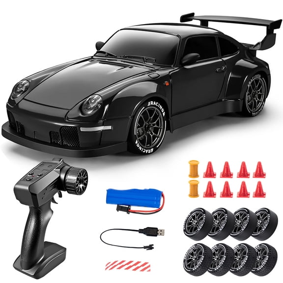 1:24 RC Drift Car 4WD High-Speed Remote Control Racing Car with Interchangeable Tires, LED Lights, 2.4G Proportional Radio, Alloy Plastic Body for Indoor Outdoor Track Drifting