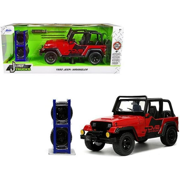 1-24 Scale 1992 Jeep Wrangler DV8 Off Road Stripes with Extra Wheels Just Trucks Series Diecast Model Car, Red & Matte Black