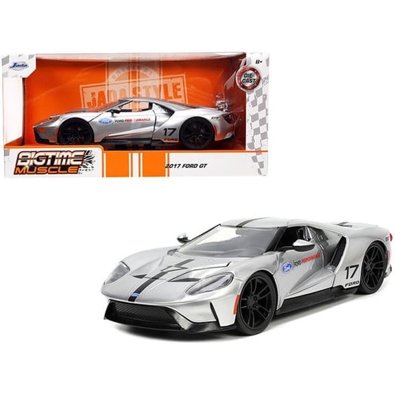 1-24 Scale 2017 Ford GT No 17 Stripes Ford Performance Bigtime Muscle Series Diecast Model Car, Metallic Silver & Black