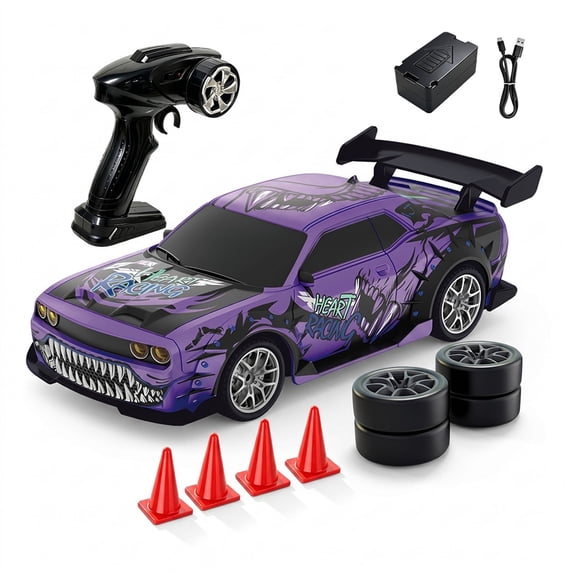 1/24 Scale 4WD RC Racing Car With Drift Tires Racing Tires LED Lights 2.4GHz Remote Control Hobby Grade Vehicle For Tracks Garages Pavement And Indoor Driving( Purple Dragon / 1 Battery )