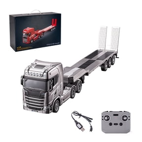 1/24 Scale 770S RC Heavy Duty Truck with Semi Flatbed Trailer, 2.4GHz RC Freight Tractor Trailer Model with Adjustable Lights & Sound, Collectible Gift for Adults