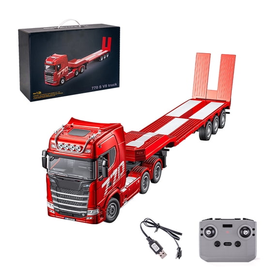 1/24 Scale 770S RC Heavy Duty Truck with Semi Flatbed Trailer, 2.4GHz RC Freight Tractor Trailer Model with Adjustable Lights & Sound, Collectible Gift for Adults