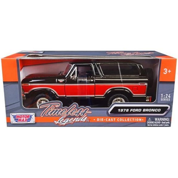 1-24 Scale Diecast 1978 Ford Bronco Ranger Xlt with Spare Tire Timeless Legends Series Model Car, Black & Red