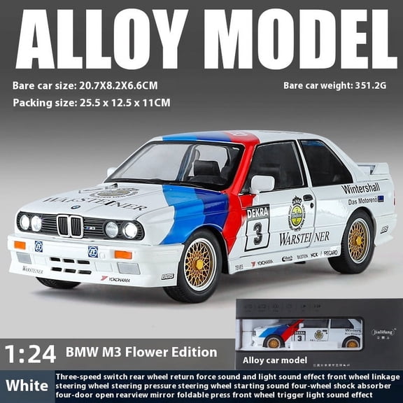 1:24 Scale Diecast Car Model, 1988 M3 E30 Floral Paint Design, Alloy Replica with Sound & Light for Display