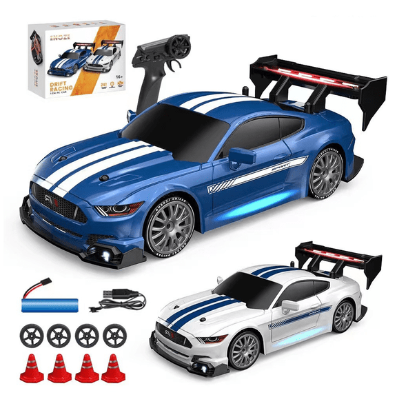 1:24 Scale Mini RC Drift Car with LED Lights, 2.4G 4WD High-Speed Electric Racing RC Sports Car with 280 Strong Magnetic Motor, Spare Drift Wheels & Roadblocks - RTR