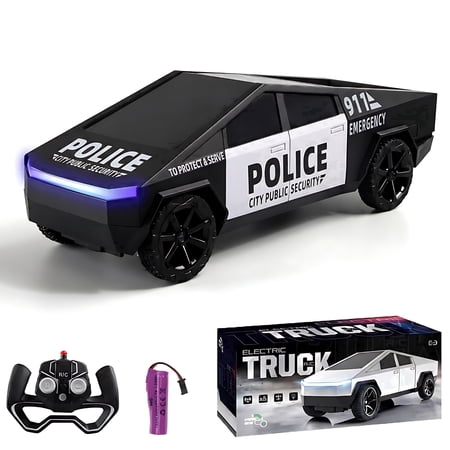 RC Cybertruck Police Pickup Remote Control Truck 1:24 Scale 4WD All Terrain High Speed Electric Rechargeable with LED Lights, Black