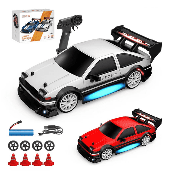 1/24 Scale RC Drift Car, 2.4G Full Proportional 4WD Remote Control Racing Sport Car with 30KM/H High & LED Lights, RTR Toy Vehicle with Extra Tires and Roadblocks for Adults