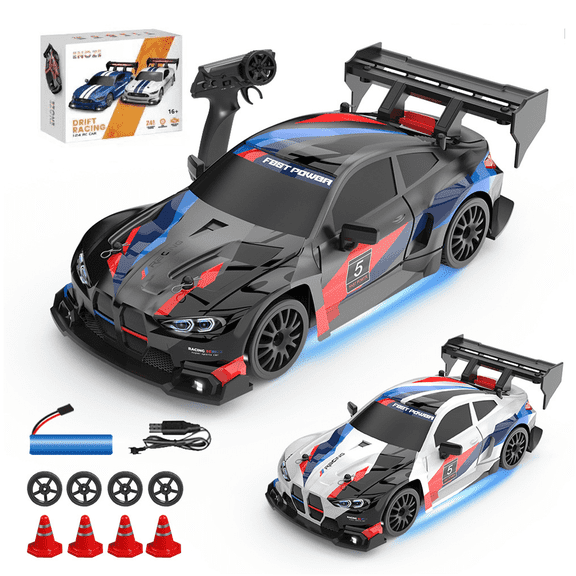 1/24 Scale RC Drift Car, 2.4G Full Proportional 4WD Remote Control Racing Sport Car with 30KM/H High & LED Lights, RTR Toy Vehicle with Extra Tires and Roadblocks for Adults