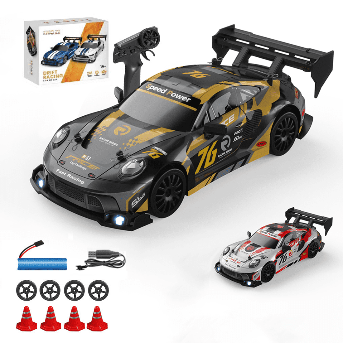 Coche Teledirigido 4WD 1:24 De Derrape, Velocidad De 18 Km/h, Control 2.4 GHz, Luces LED, Para Niños De 3+ Años, Regalo De Cumpleaños Y Navidad
