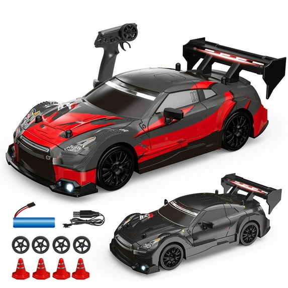 1:24 Scale RC Drift Car 4WD 2.4GHz 30KM/H High Speed Racing Sport Toy Car with LED Lights, Racing and Drift Wheels(Red)