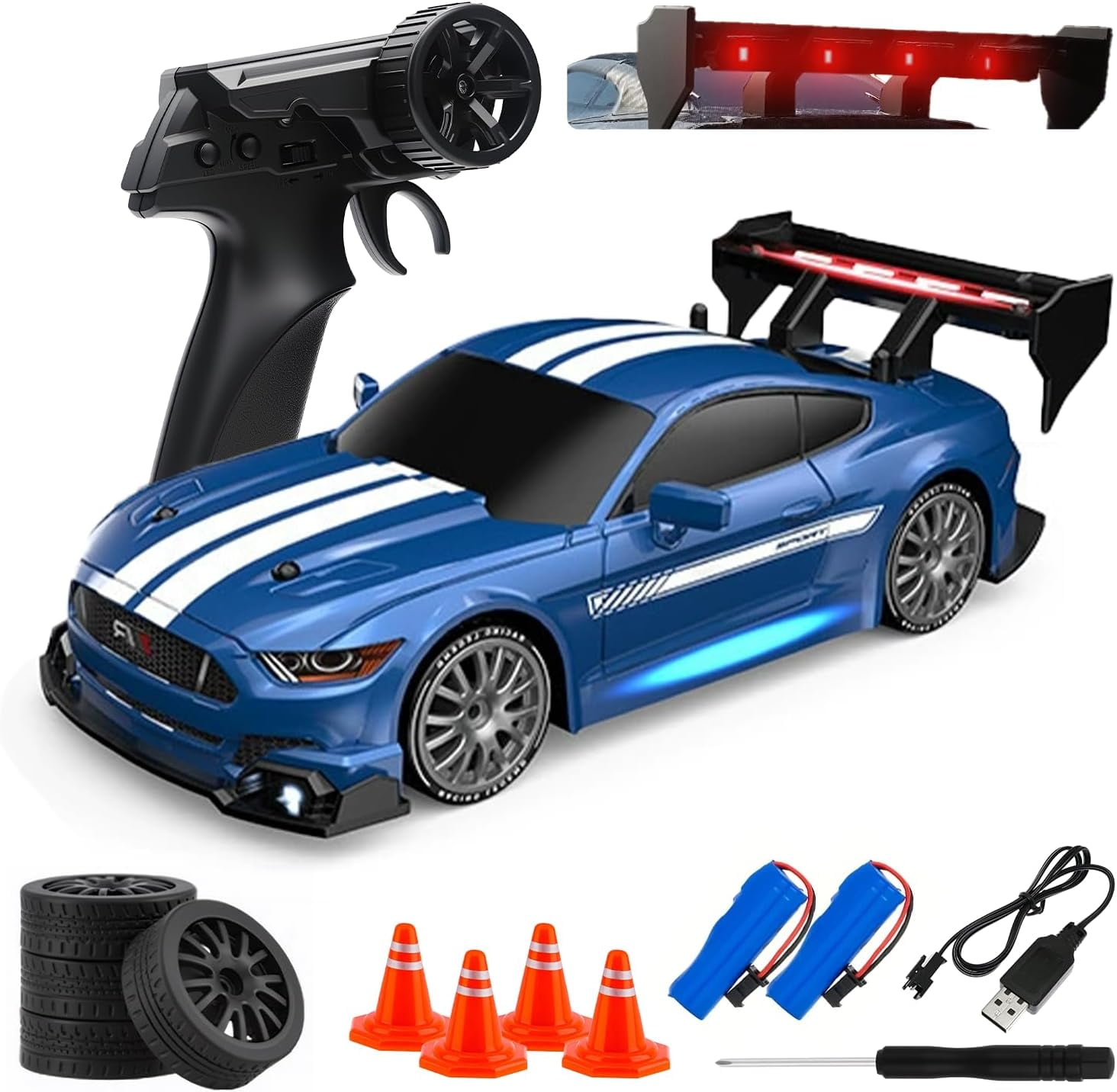 1:24 Scale RC Drift Car 4WD 2.4GHz 30KM/H High Speed Racing Sport Toy Car with LED Lights, Racing and Drift Wheels