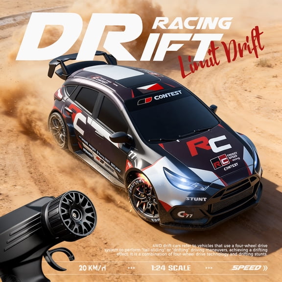 1:24 Scale RC Drift Car, 4WD 20KM/H High Speed RC Cars with LED Light, 2.4GHz Remote Control Sport Racing with Batteries for Boys Girls