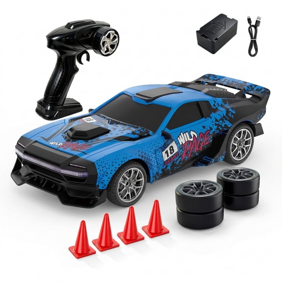 1:24 Scale RC Drift Car 4WD High Speed Professional Racing RC Model with Interchangeable Tires and LED Lights for Indoor Outdoor Drifting Play, Toys Gifts for Boys