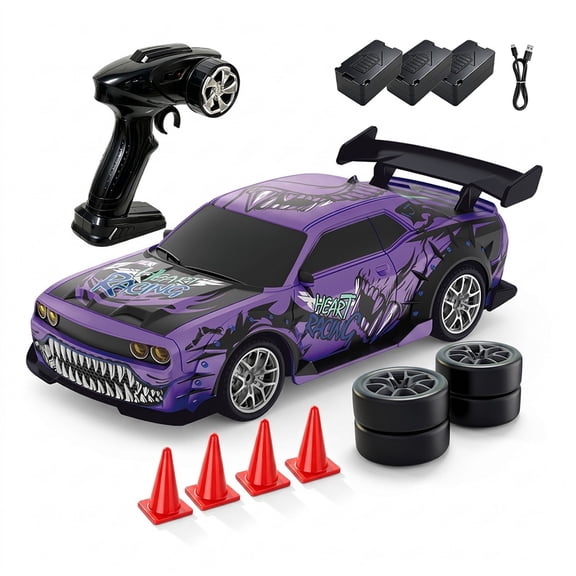 1/24 Scale RC Drift Car 4WD Racing Vehicle With Drift And Racing Tires 2.4GHz Remote Control LED Lights Type C Charging For Desktop Indoor Outdoor Driving - Purple Dragon / 3 Battery