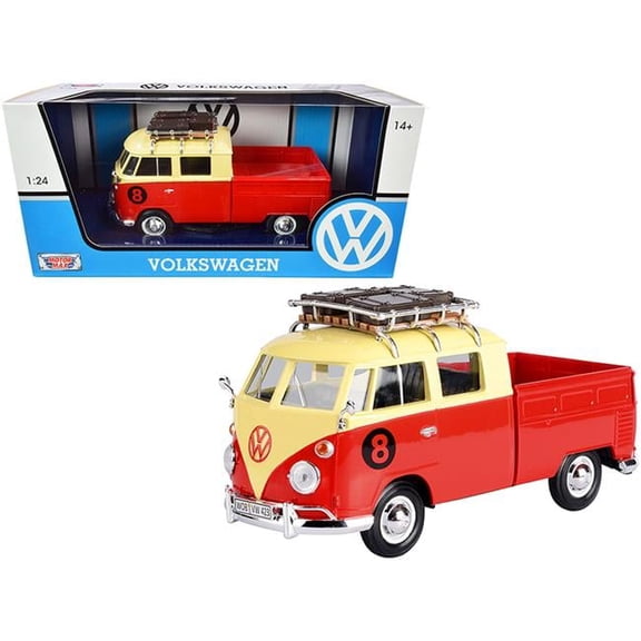 1-24 Scale Red & Yellow Volkswagen Type 2 No. 8 Pickup Truck with Roof Rack & Luggage Diecast Model