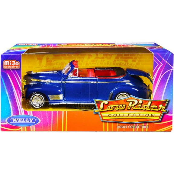 1-24 Scale Special Deluxe Convertible Candy 1941 Chevrolet Diecast Model Car with Interior Low Rider Collection, Metallic Blue & Red