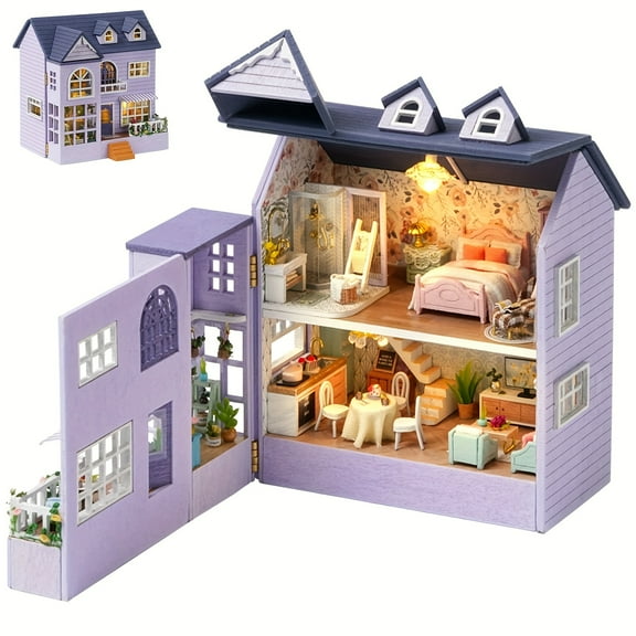 1:24 Scale Wooden Dollhouse DIY Miniature House Kit with Dollhouse Furniture and LED Light for Home Decoration and Craft Collection & Valentine's Day Gift Idea