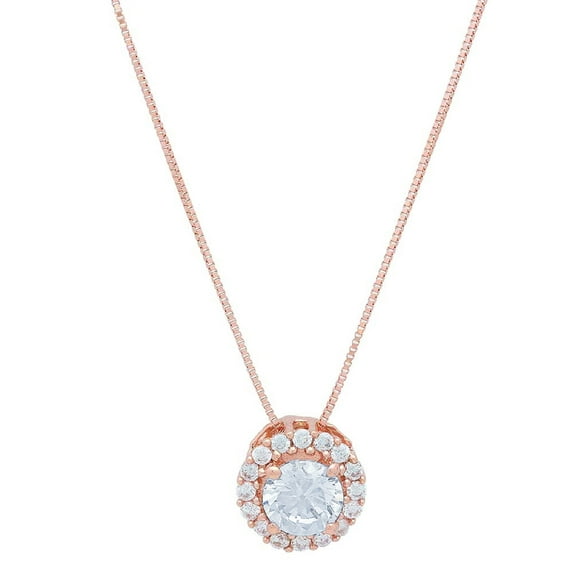 1.24 ct Brilliant Round Cut Halo Natural Aquamarine 18K Rose Gold Pendant with 16" Chain