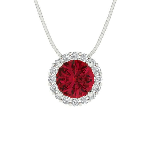 1.24 ct Brilliant Round Cut Halo Simulated Pink Tourmaline 18K White Gold Pendant with 18" Chain