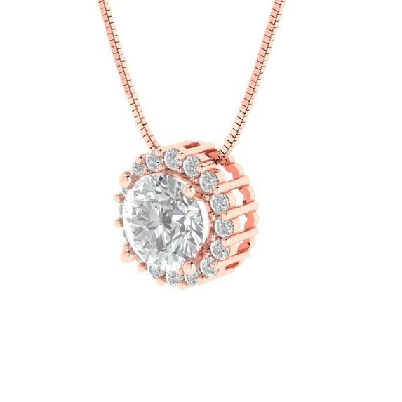 1.24 ct Brilliant Round Cut Halo Synthetic Moissanite 14k Rose Solid Gold Everyday Affordable Designer Necklace Pendant with 18" Chain