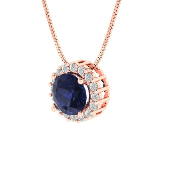 1.24 ct Brilliant Round Cut Halo VVS1 Genuine Blue Sapphire Solid 14k Pink Rose Solid Gold Everyday Affordable Designer Necklace Pendant with 16" Solid Gold Chain by Clara Pucci